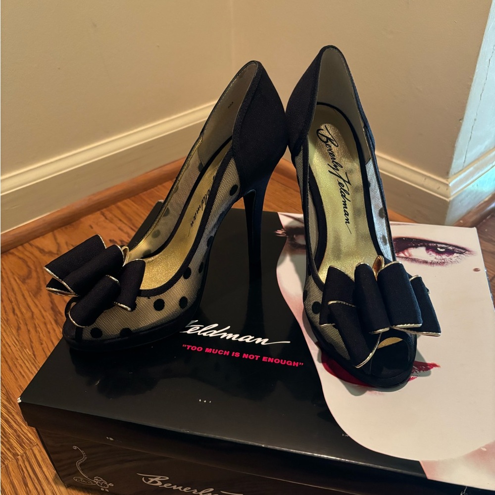 Beverly Feldman Black Polka Dot Mesh Bow Peep-Toe Heels